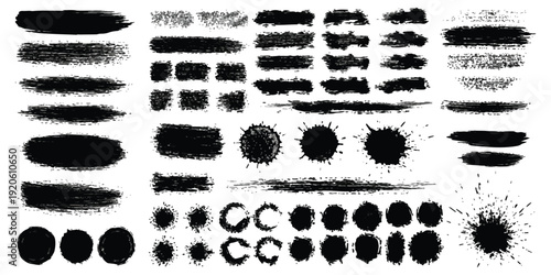 Various grunge style black brush strokes and ink splatters for graphic design elements