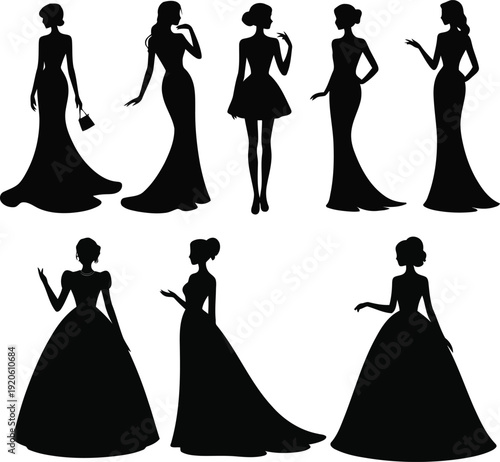Silhouettes of women in various formal dresses