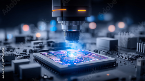Microscope inspecting microchip on circuit board, representing semiconductor testing, precision engineering, and quality control.
