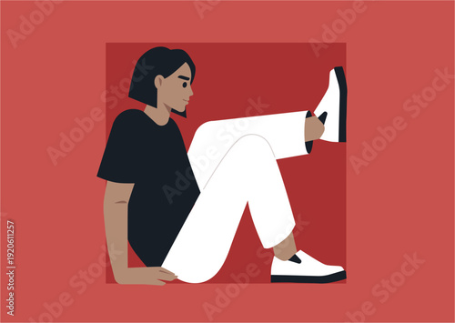 A person sits inside a square frame, symbolizing the boundaries of personal growth and the tension between comfort, restraint, and stepping beyond familiar limits