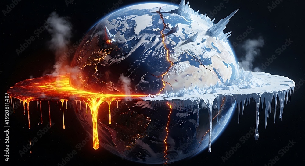 Obraz premium Earth in contrasting climate crisis with fire and ice
