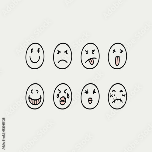 Hand-drawn Emoticon Faces Expressing Various Emotions.