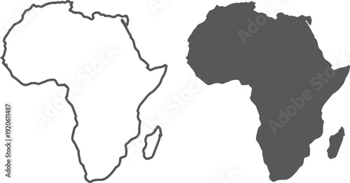 Minimalist africa map comparison - outline vs filled isolated on transparent background, Vector, illustration