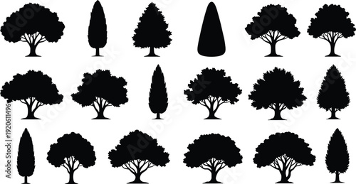 Black tree silhouettes collection, diverse forest canopy shapes, natural landscape design elements, botanical illustration set, isolated vector trees for decoration,  environment, and educational use