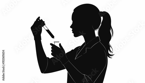 Silhouette of a woman holding a pipette and test tube in a laboratory setting.