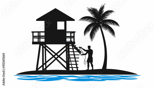 Lifeguard Tower Silhouette with Palm Tree on Island.