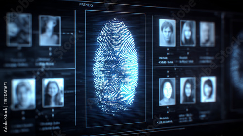 Fingerprint scan interface with linked profile cards representing biometric identity verification and privacy risk.
