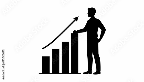 Man standing next to a bar graph with an upward trending arrow.