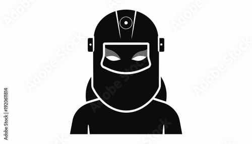 Welding worker wearing protective helmet and mask.