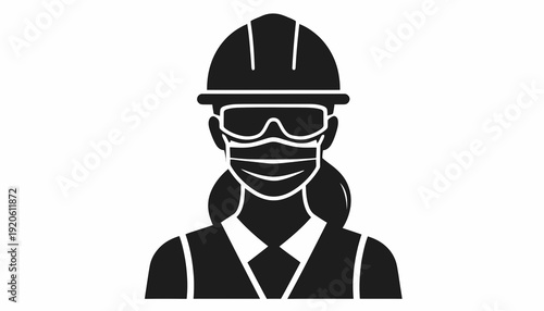 Female construction worker wearing safety gear and protective mask.