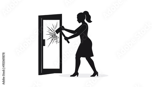 Woman breaking glass door with hammer in silhouette.