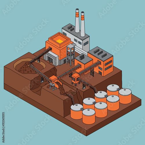Isometric Industrial Factory with Storage Tanks.