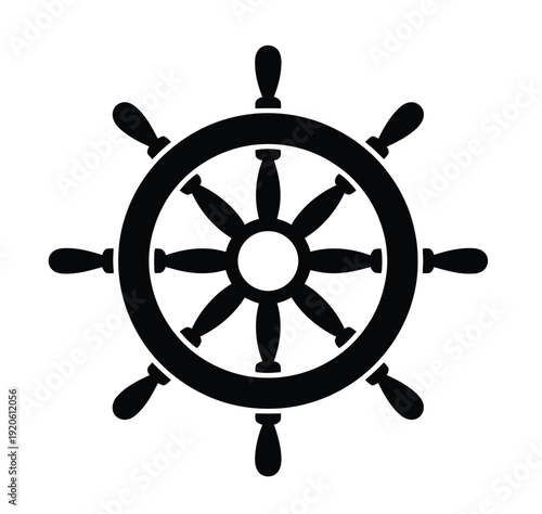Ship helm silhouette, vector illustration, classic nautical steering wheel symbol with maritime outline design, bold marine emblem graphic for sailing logos branding badges and ocean themed projects.