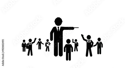 Leader pointing forward with team following behind.