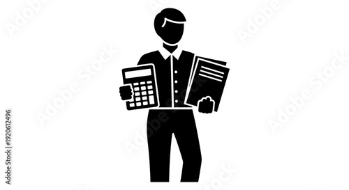 Businessman holding documents and calculator in simple illustration.