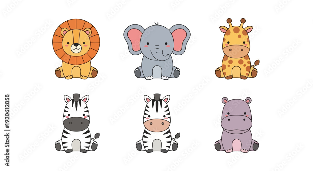Naklejka premium Cartoon animals collection lion elephant giraffe zebra hippo on white