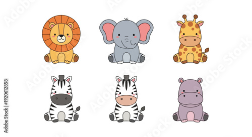Cartoon animals collection lion elephant giraffe zebra hippo on white