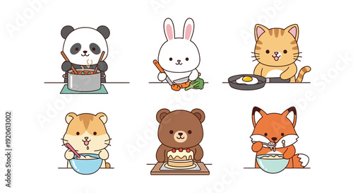 Cartoon animals cooking meals isolated on white background various activities