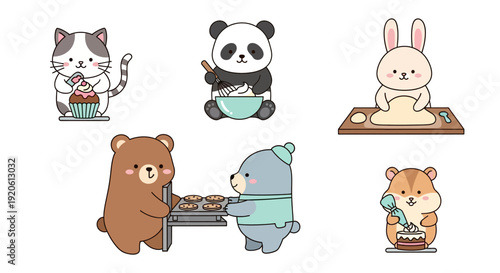 Cartoon animals baking and decorating treats on white background