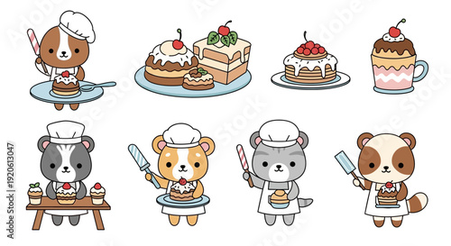 Cartoon bear chefs with cakes and pastries for culinary and food related themes