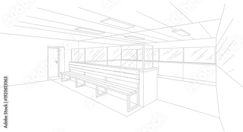 Clean locker room interior with benches and mirrors outline illustration