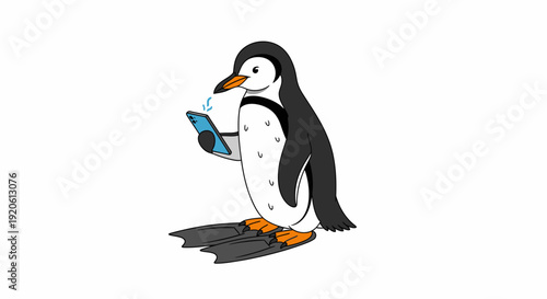 Cartoon penguin using smartphone isolated on white background