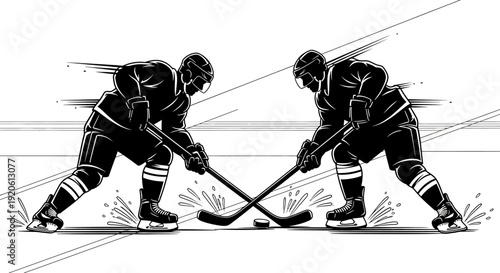 Hockey players facing off dynamic black and white illustration of a sporting event