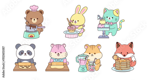 Cartoon animals cooking and baking sweet food vector illustration