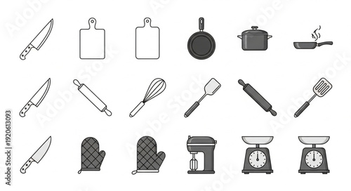 Collection of kitchen utensils and appliances illustration.