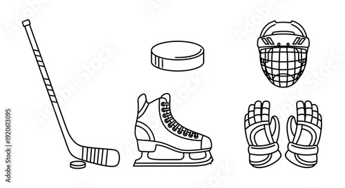 Hockey equipment illustration set stick puck helmet skates gloves