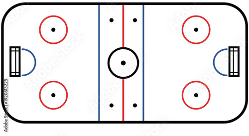 Overhead view of an ice hockey rink with markings and goals isolated