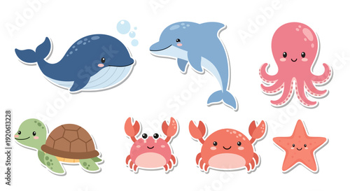 Cartoon sea creatures collection whale dolphin octopus turtle crab starfish