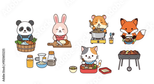 Cartoon animals cooking and preparing food in various scenes