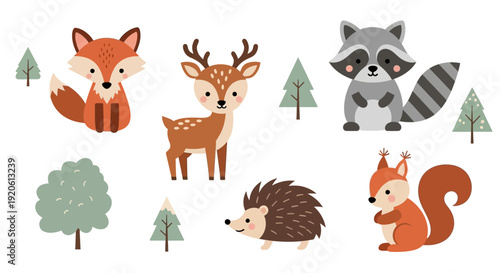 Cartoon forest animals illustration fox deer raccoon squirrel and hedgehog