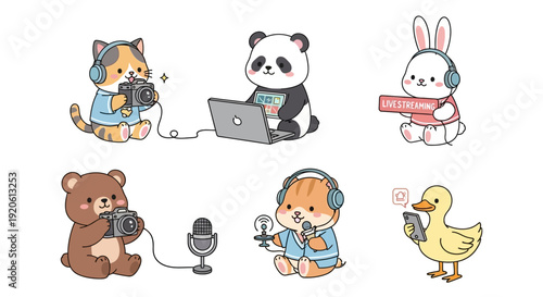 Cute cartoon animals streaming blogging and using technology illustration