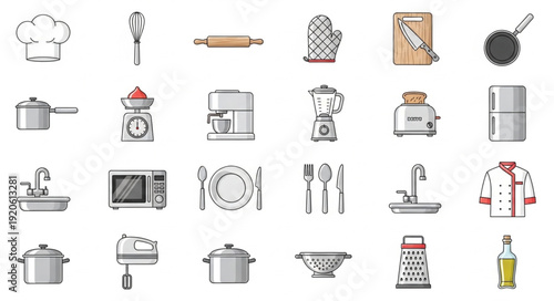 Collection of kitchen utensils and appliances icons.