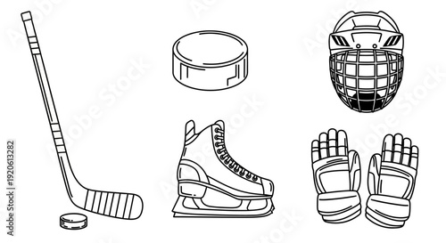 Hockey equipment set puck stick helmet skate gloves black line art vector
