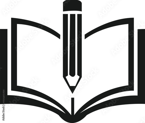 Modern black silhouette of two open books facing each other with a pencil rising from the center