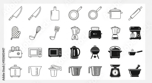 Collection of Kitchen Utensils and Appliances Hand Drawn Icons.