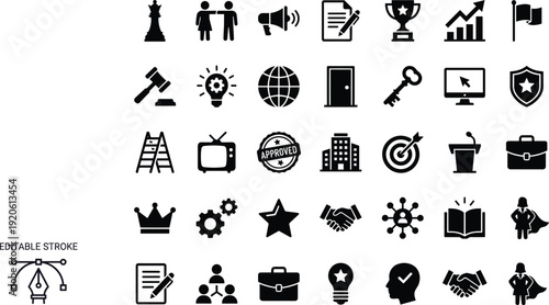 Business and corporate black vector icons set, leadership success strategy communication law technology marketing flat solid symbols isolated on light background