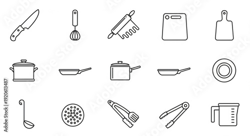Collection of kitchen utensil outline icons on white background.