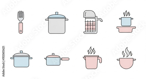 Collection of kitchen cooking pots and utensils icons.