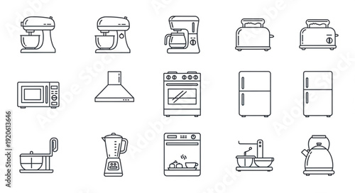 Collection of Kitchen Appliances Icons Line Art Style.