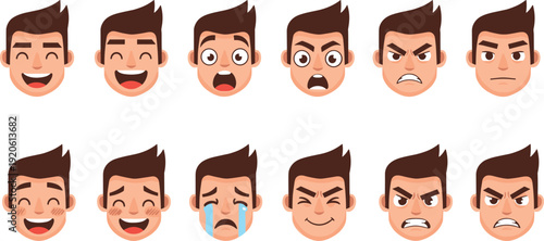 Male Cartoon Face Emotion Set with Angry, Happy, Crying, Shocked, and Laughing Expressions for Emoji, Avatar Creation, and Character Animation Design.
