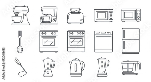 Collection of kitchen appliances hand drawn sketch style.