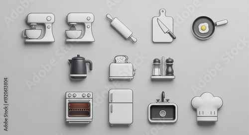 Collection of kitchen appliances and utensils on a plain background.
