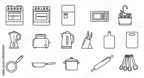 Collection of kitchen appliances and utensils line art icons.