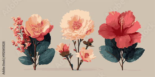 Beautiful vintage style watercolor peonies and roses in vibrant pink and coral hues
