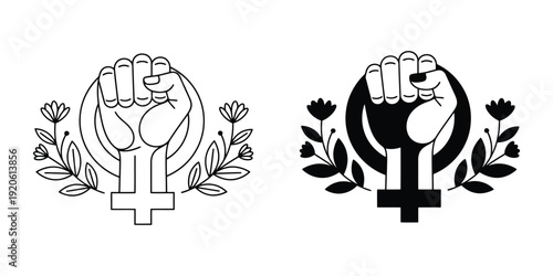 Empowering Feminist Raised Fist Icons With Venus Sign