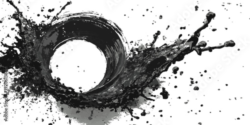 Dynamic splatter art on a stark white backdrop. black ink splatter